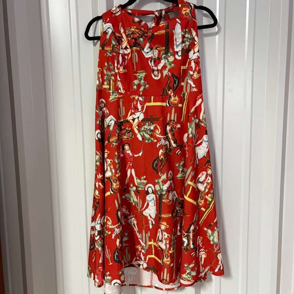 1950’s Style Red Pinup Girl Cowgirl Swing Flare Halter Rockabilly Dress